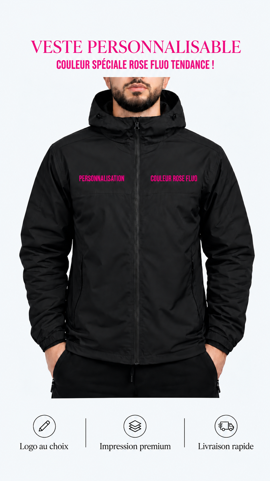 Veste noire personnalisable – Rose fluo tendance